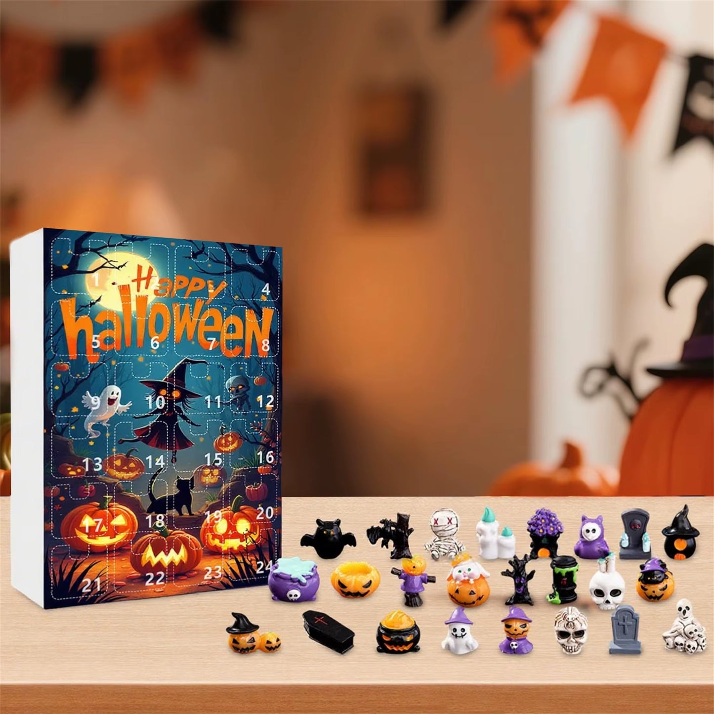 Spooky Halloween Countdown Calendar with Resin Pumpkin and Skull Figurines - 24 Days of Surprises in a Festive Present Box