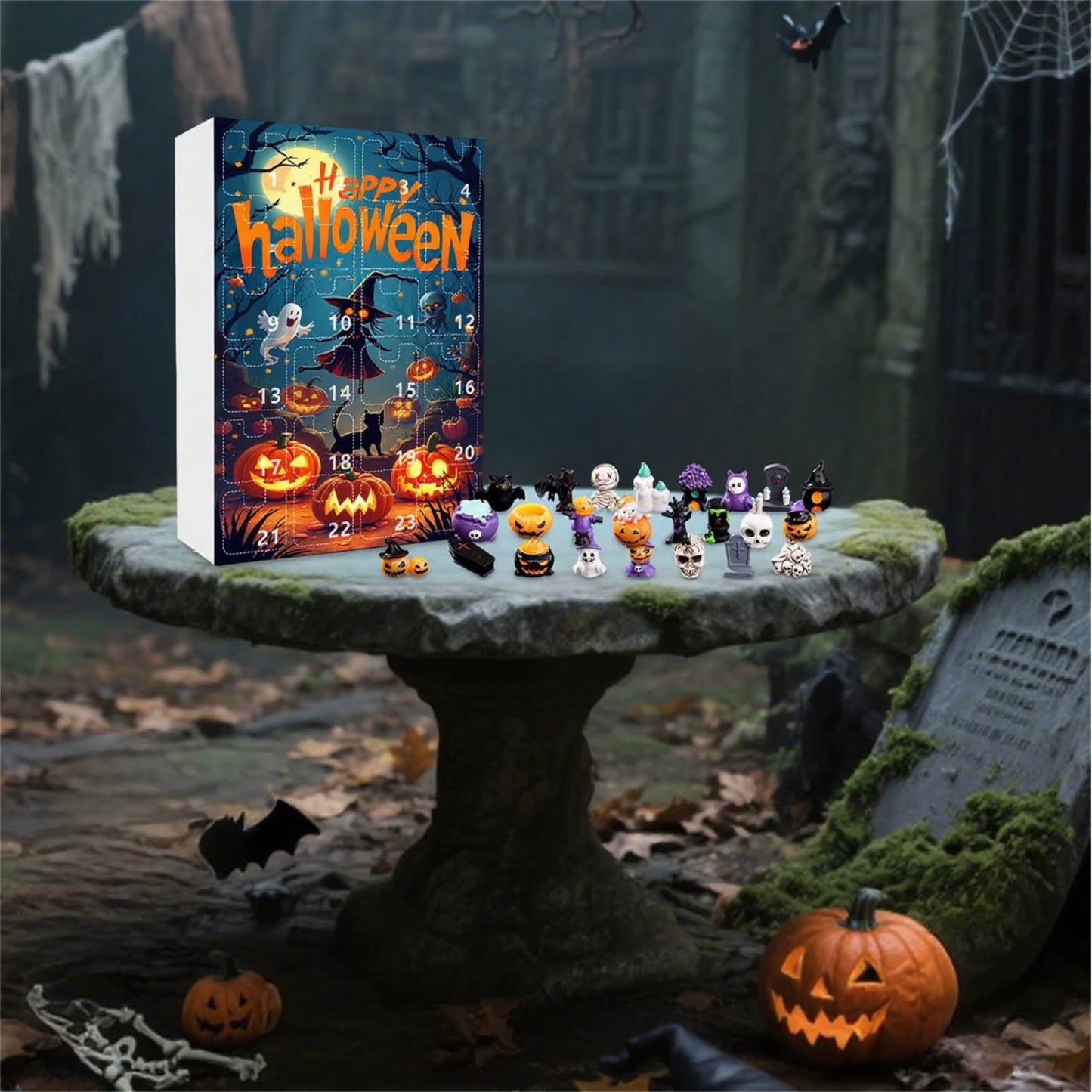 Spooky Halloween Countdown Calendar with Resin Pumpkin and Skull Figurines - 24 Days of Surprises in a Festive Present Box