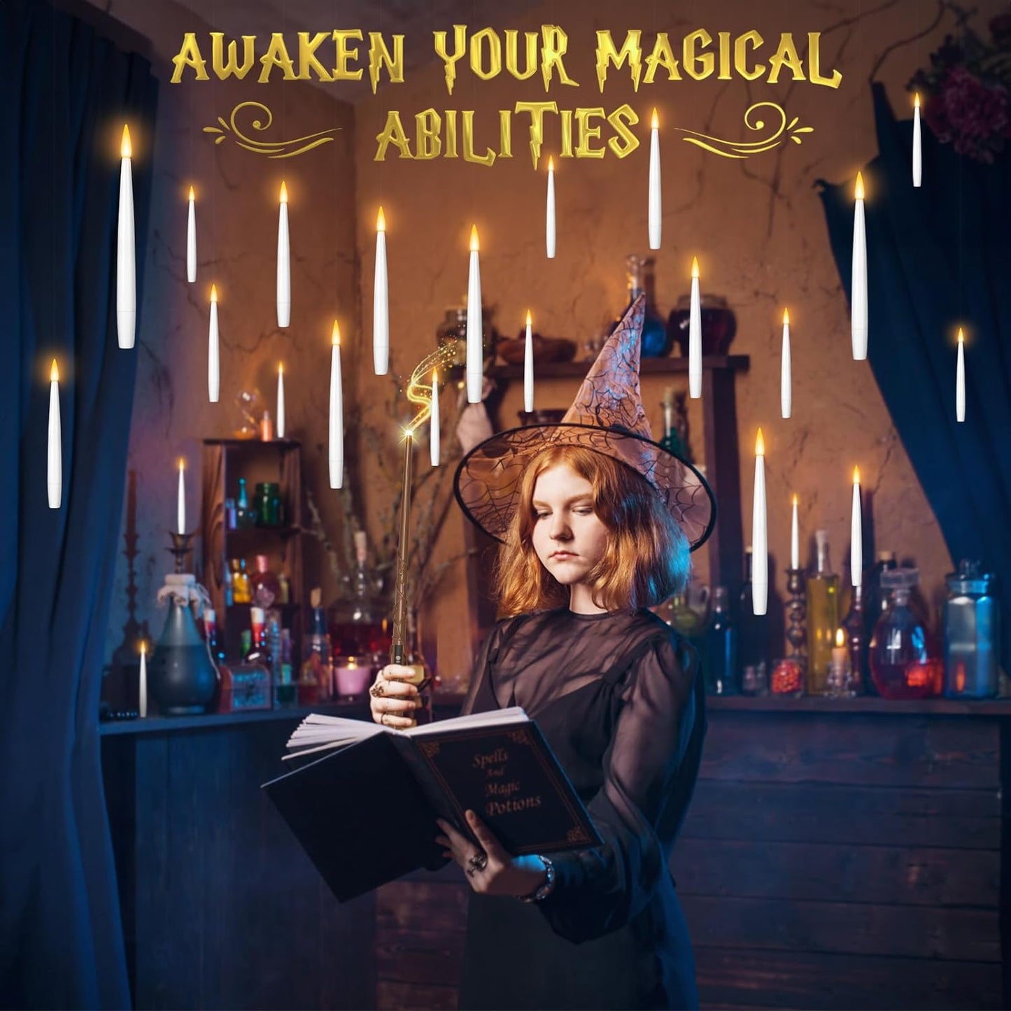 Floating Candles with Wand 20Pcs - Halloween Decorations, Magic Hanging Candles