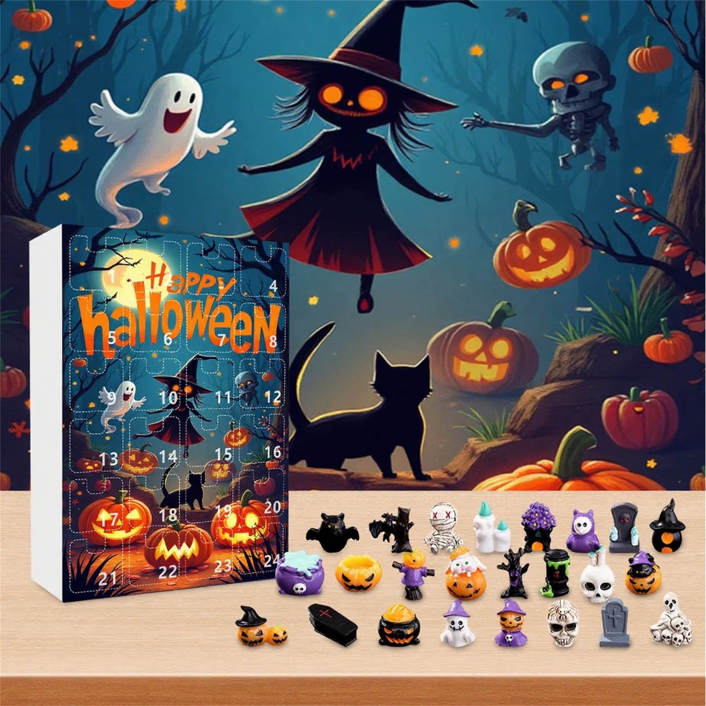 Spooky Halloween Countdown Calendar with Resin Pumpkin and Skull Figurines - 24 Days of Surprises in a Festive Present Box