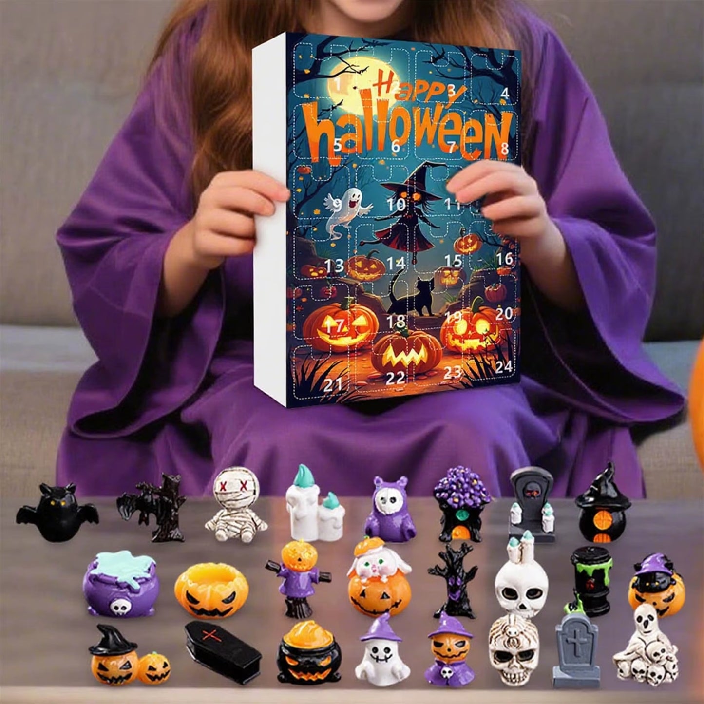 Spooky Halloween Countdown Calendar with Resin Pumpkin and Skull Figurines - 24 Days of Surprises in a Festive Present Box
