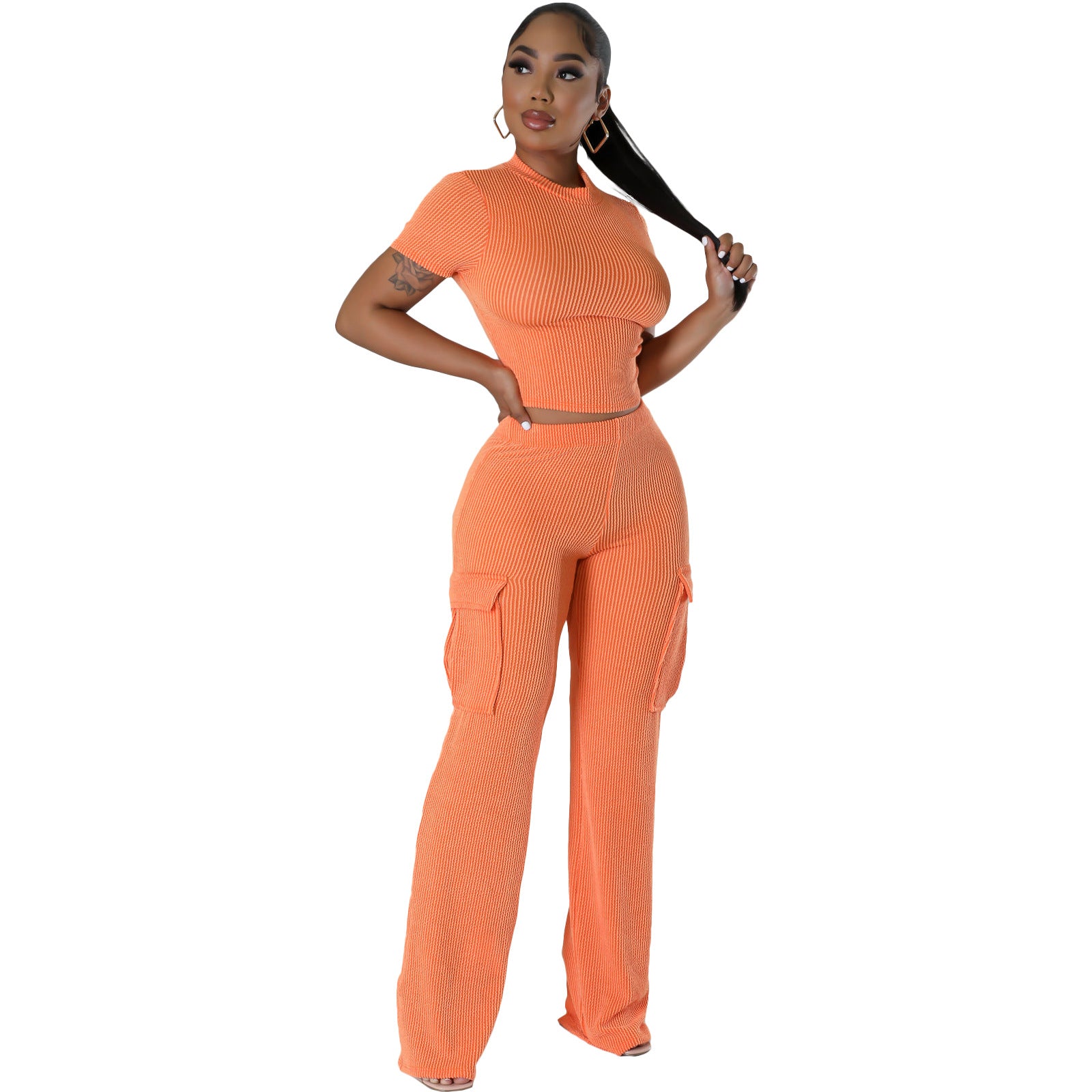 Women's Solid Color Short Sleeve Wide-Leg Jumpsuit Set