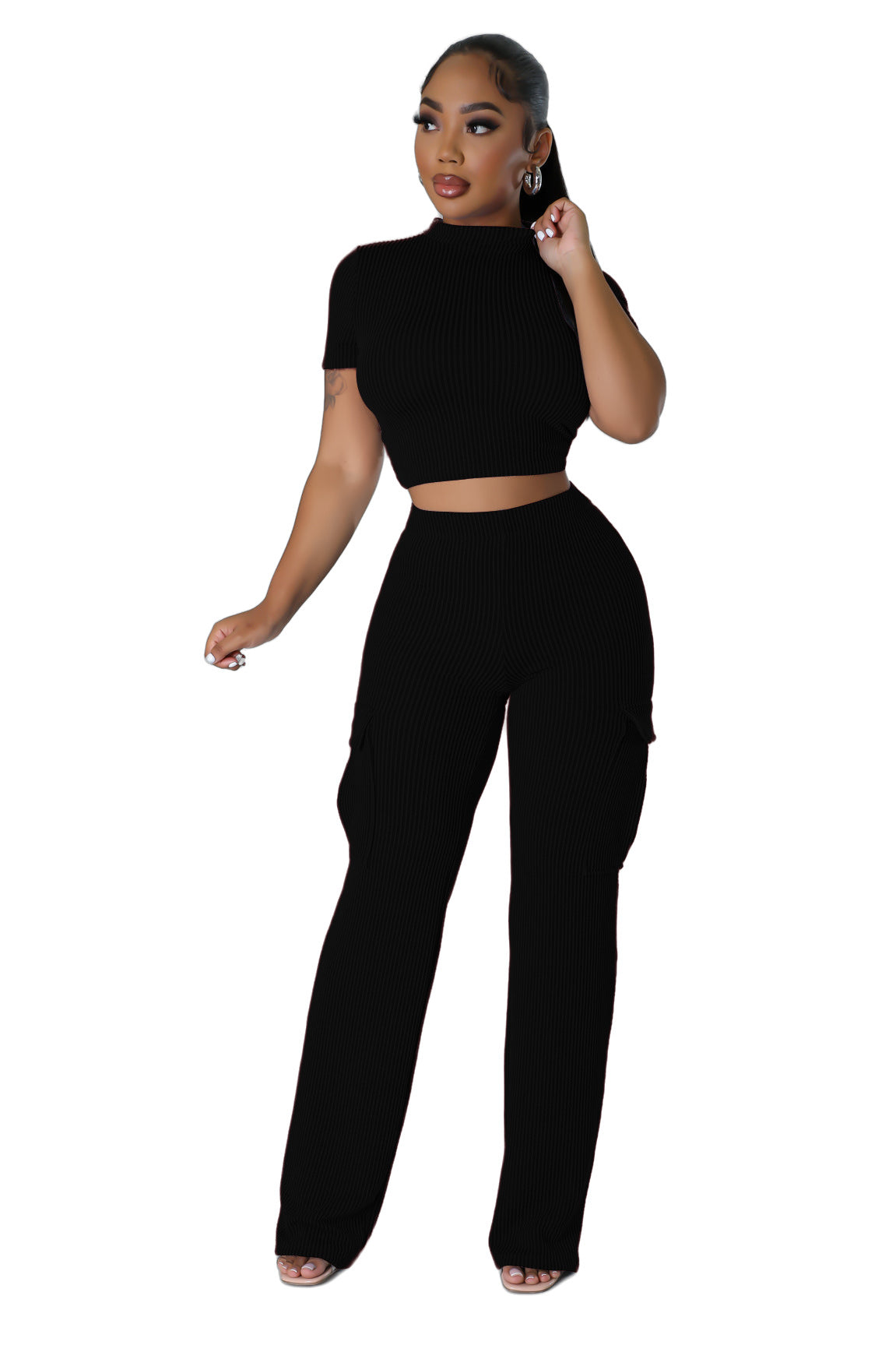 Women's Solid Color Short Sleeve Wide-Leg Jumpsuit Set