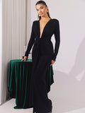 Cross-border Autumn and Winter Sexy Deep V-neck Sequin Strap Dress Dress Elegant Long-sleeve Split Slim-fit dress Party