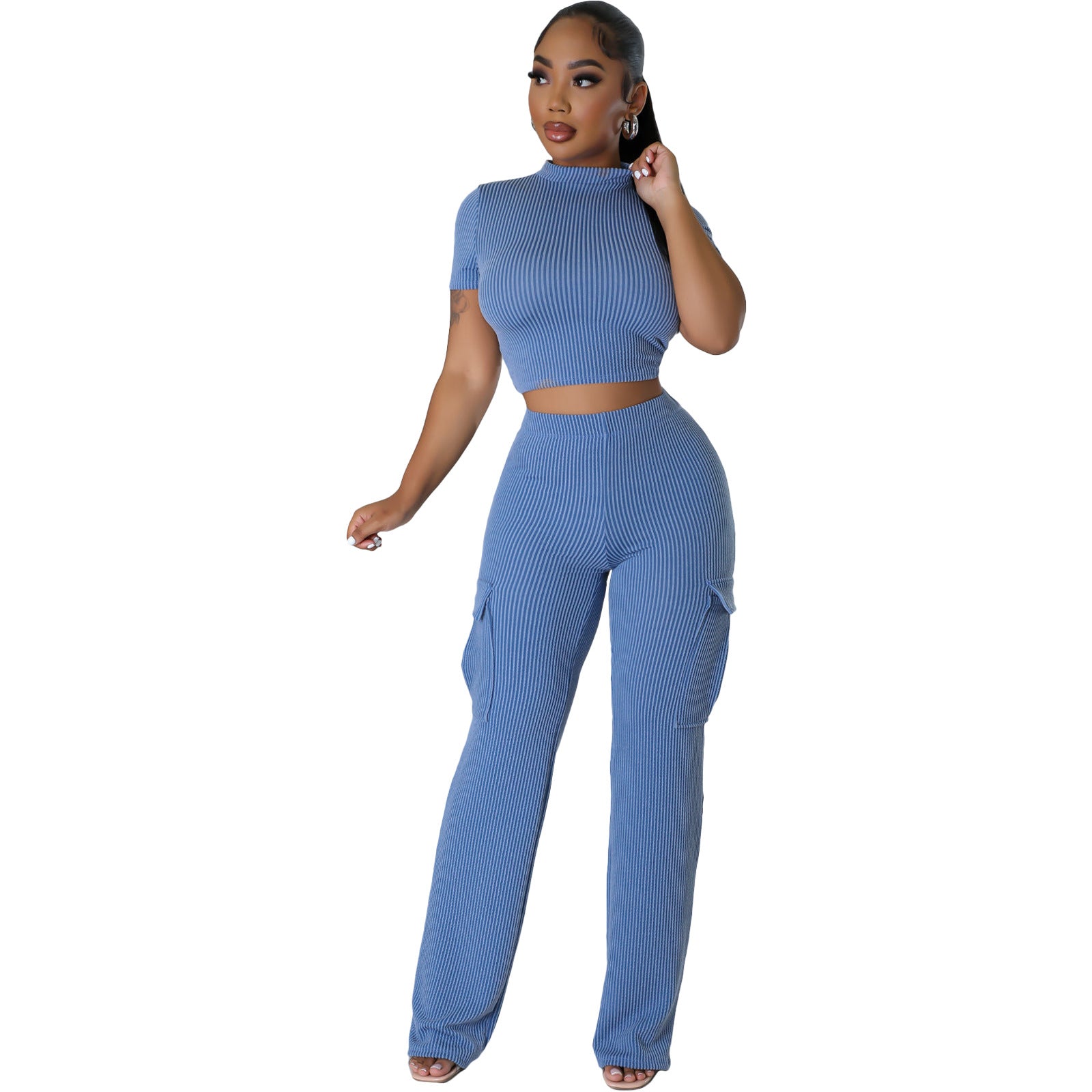 Women's Solid Color Short Sleeve Wide-Leg Jumpsuit Set