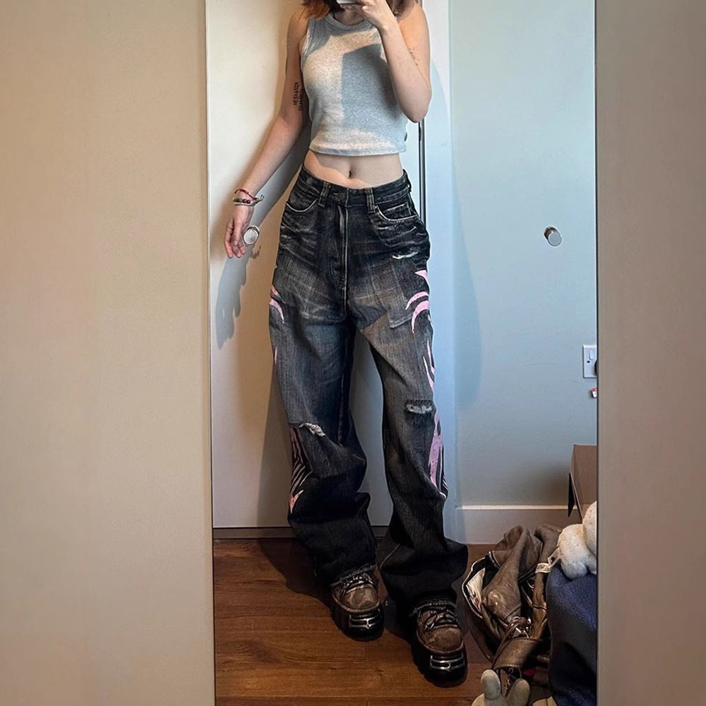 Printed Denim Trousers