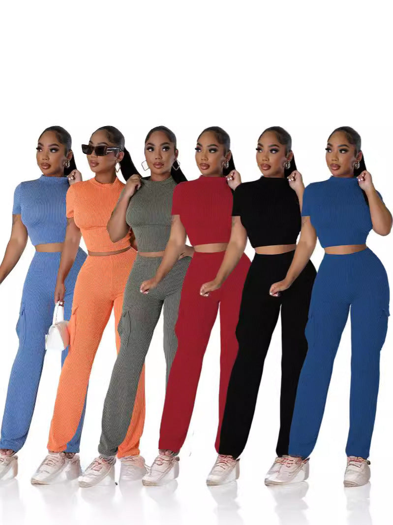 Women's Solid Color Short Sleeve Wide-Leg Jumpsuit Set
