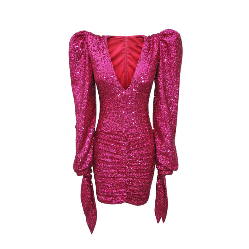 Sexy Bright Pink Hip Skirt Deep V Sequin dress