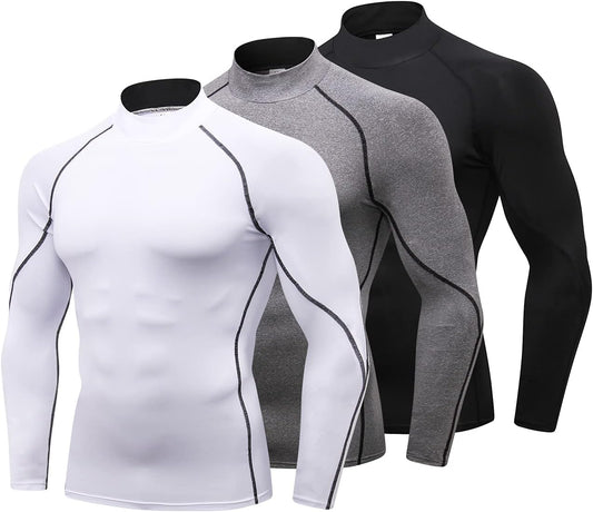 LANBAOSI 3 Pack Mens Mock Turtleneck Compression Shirts Long Sleeve Sun Protection Shirts Cooling Workout Gym Tops Undershirt