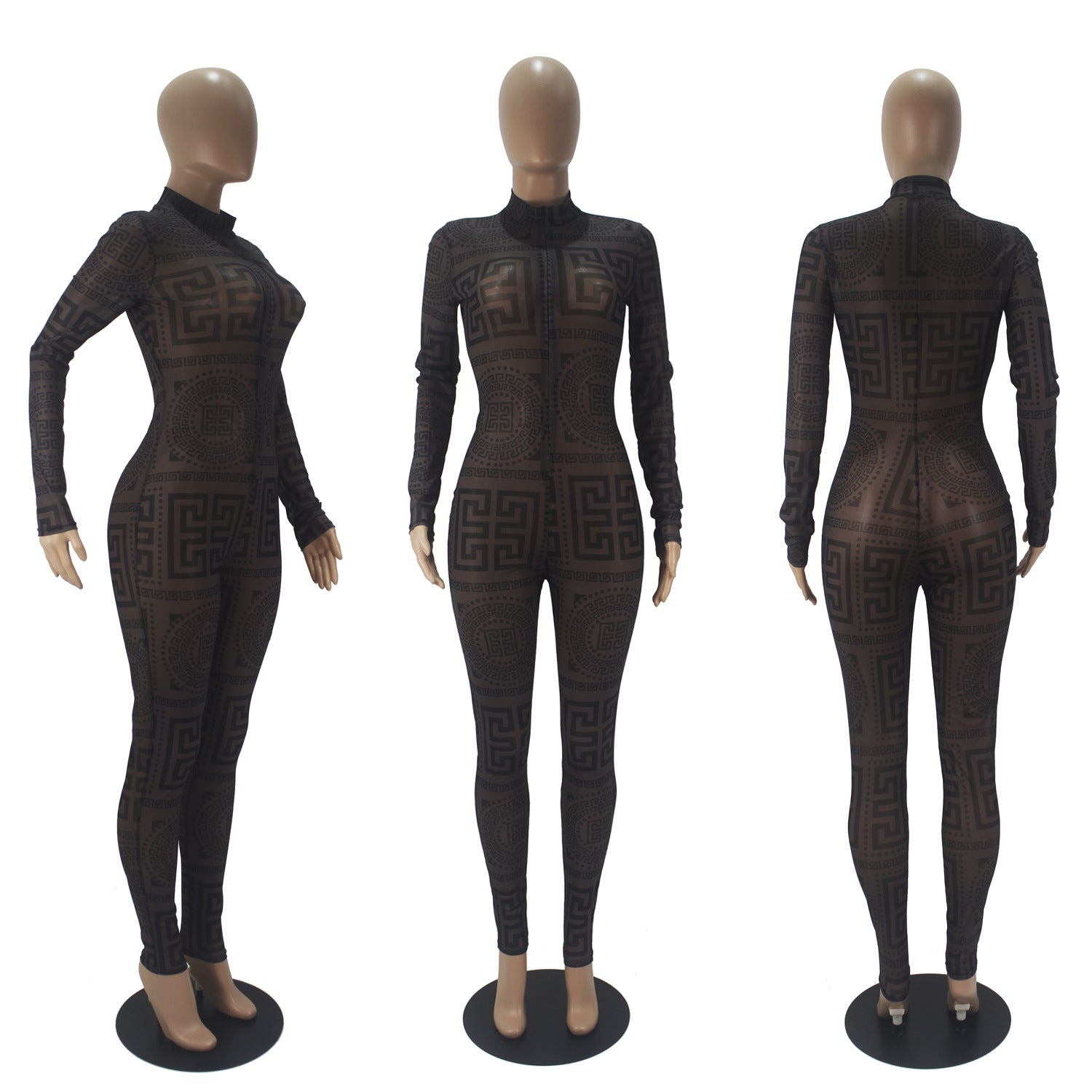 Women's Printed Mesh Long Sleeve Jumpsuit