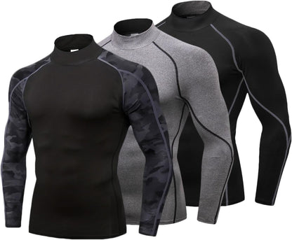 LANBAOSI 3 Pack Mens Mock Turtleneck Compression Shirts Long Sleeve Sun Protection Shirts Cooling Workout Gym Tops Undershirt
