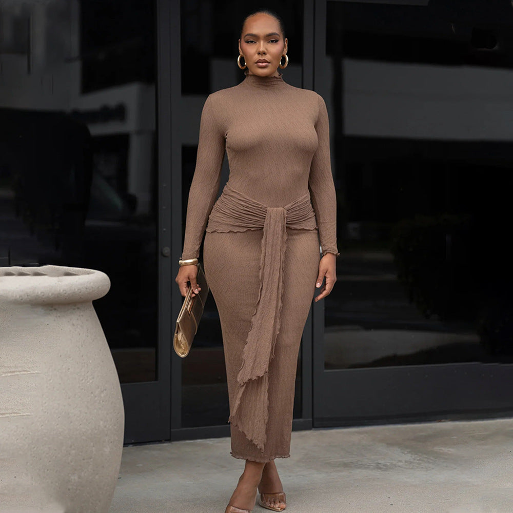 Long-Sleeve Solid-Color Fashionable and Sexy Pleated Fitted Long Dress