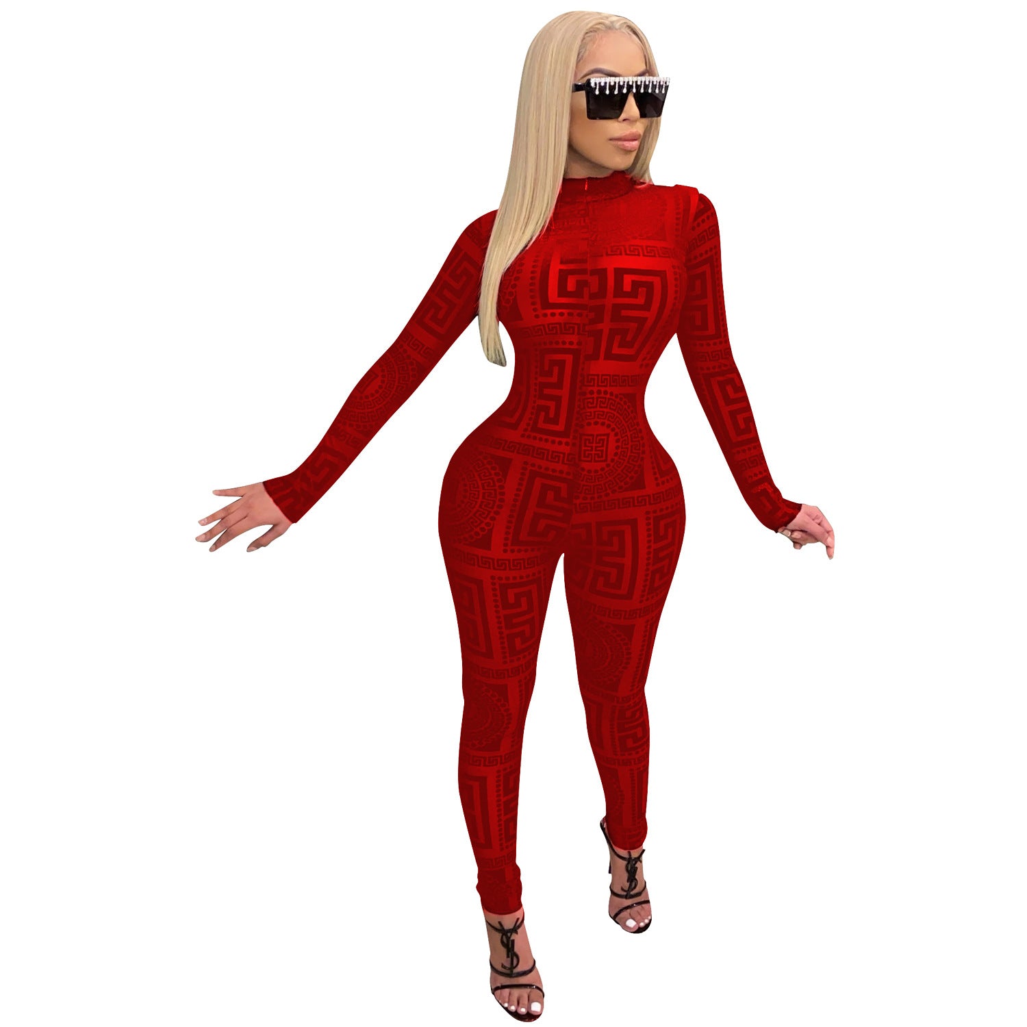 Women's Printed Mesh Long Sleeve Jumpsuit