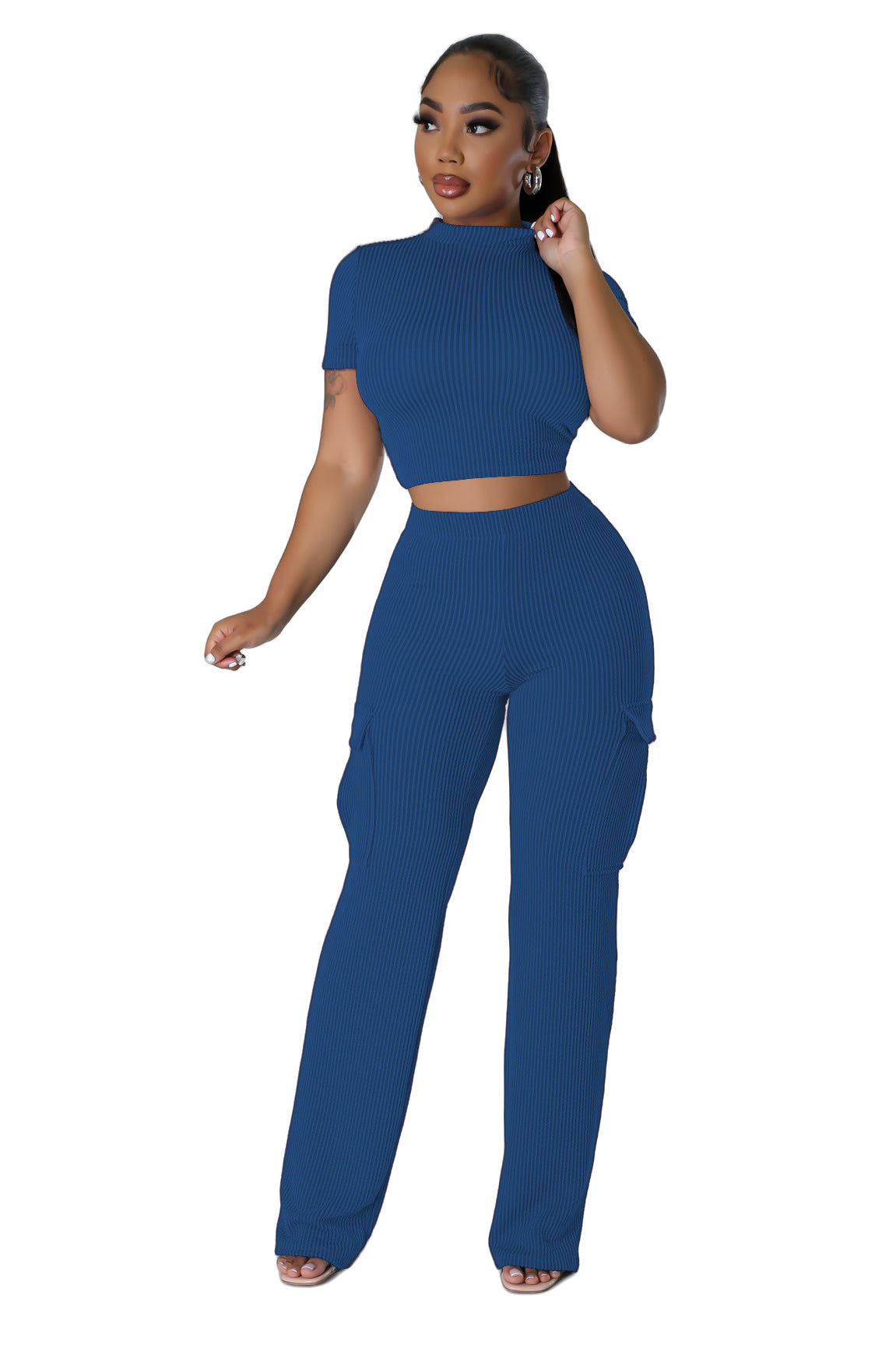 Women's Solid Color Short Sleeve Wide-Leg Jumpsuit Set