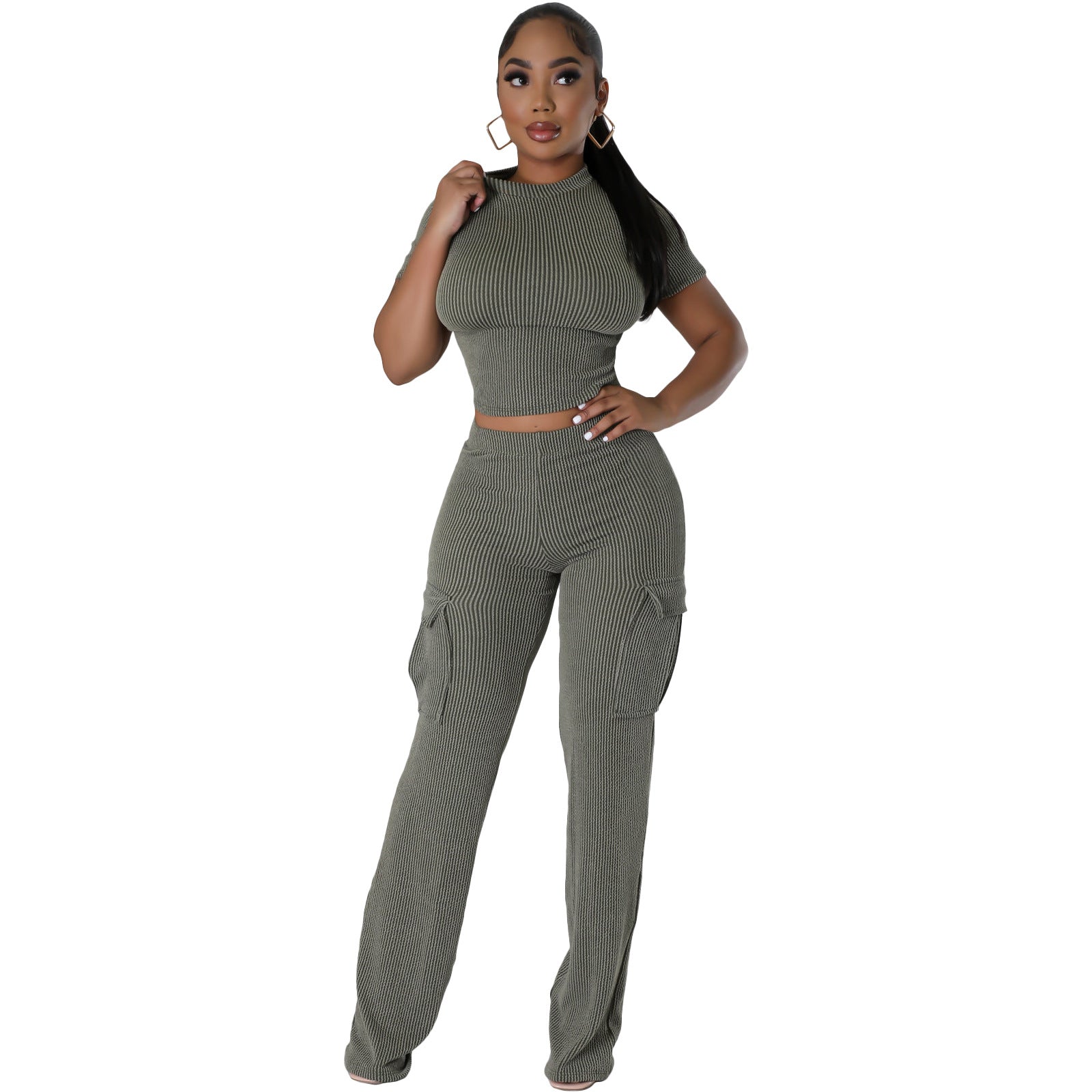 Women's Solid Color Short Sleeve Wide-Leg Jumpsuit Set