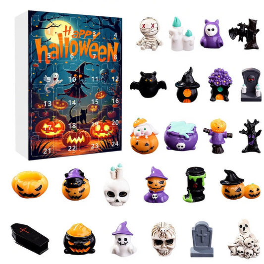 Spooky Halloween Countdown Calendar with Resin Pumpkin and Skull Figurines - 24 Days of Surprises in a Festive Present Box