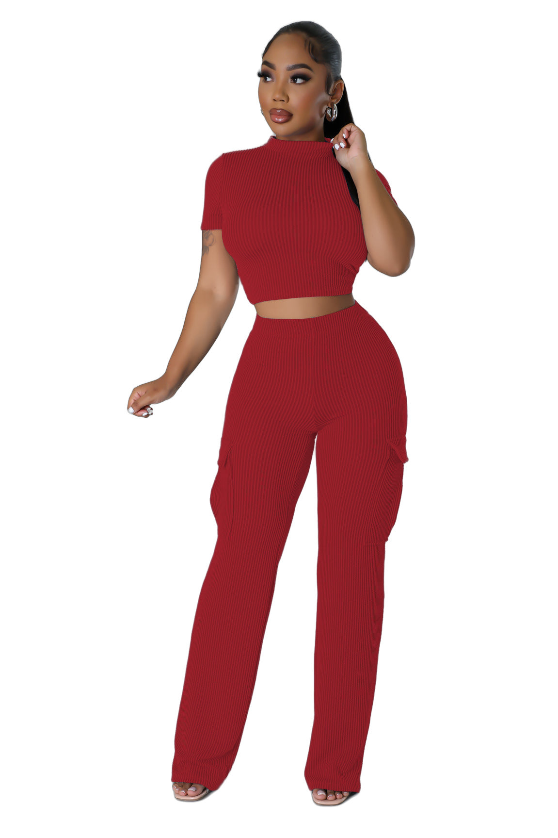 Women's Solid Color Short Sleeve Wide-Leg Jumpsuit Set