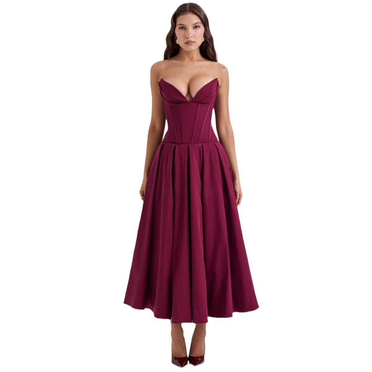 Spring women's dress, a sexy and hot girl sleeveless mid-length solid color strapless dress