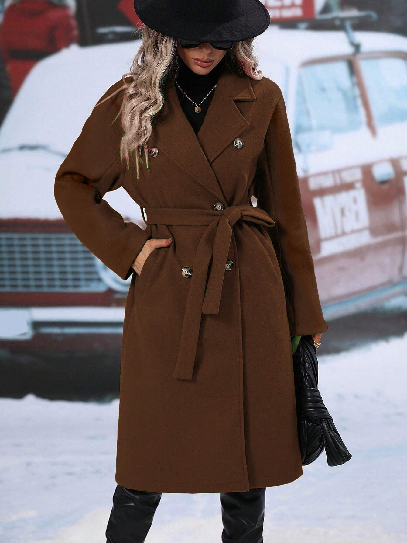 Women's Double-Breasted Belted Wool Coat