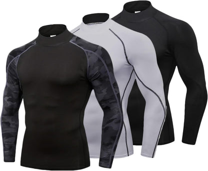 LANBAOSI 3 Pack Mens Mock Turtleneck Compression Shirts Long Sleeve Sun Protection Shirts Cooling Workout Gym Tops Undershirt