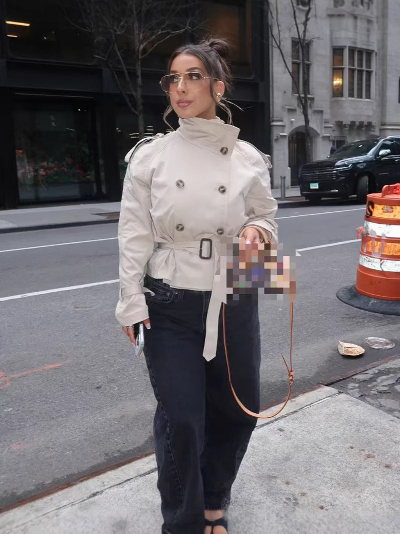 waist-cinched short windbreaker coat