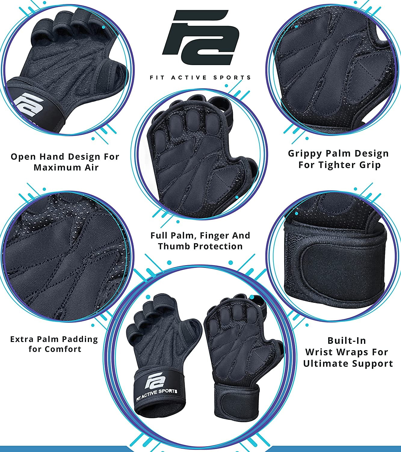 Fit Active Sports New Ventilated Weight Lifting Workout Gloves with Built-In Wrist Wraps for Men and Women - Great for Gym Fitness, Cross Training, Hand Support & Weightlifting.