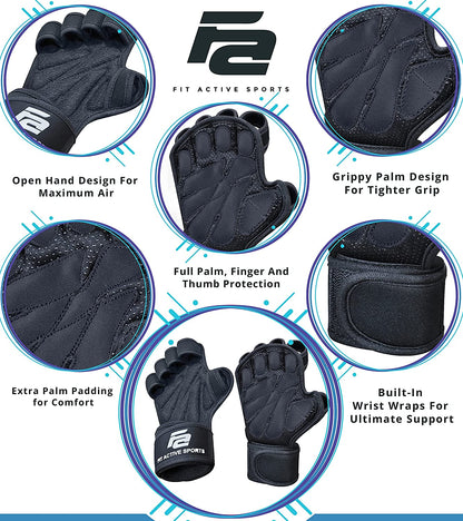 Fit Active Sports New Ventilated Weight Lifting Workout Gloves with Built-In Wrist Wraps for Men and Women - Great for Gym Fitness, Cross Training, Hand Support & Weightlifting.