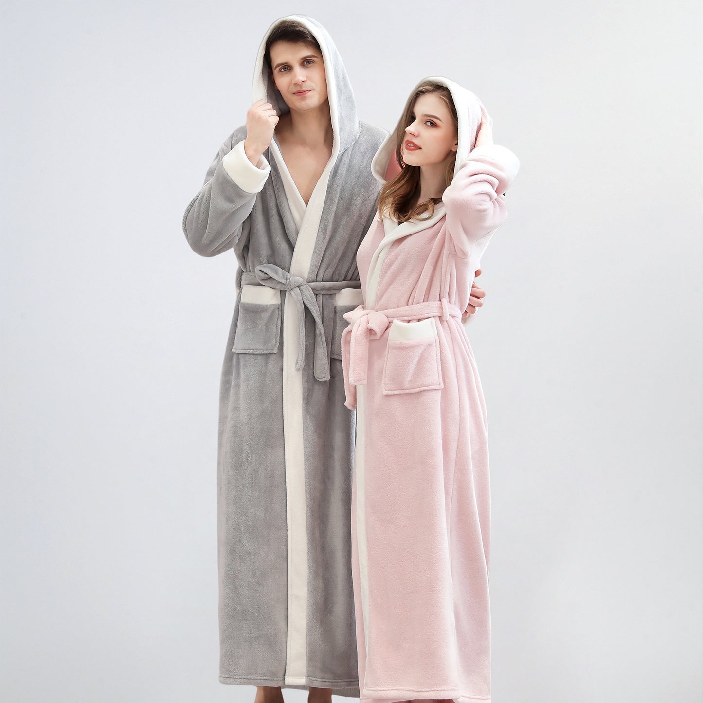 Hooded Flannel Bathrobe for Men and Women