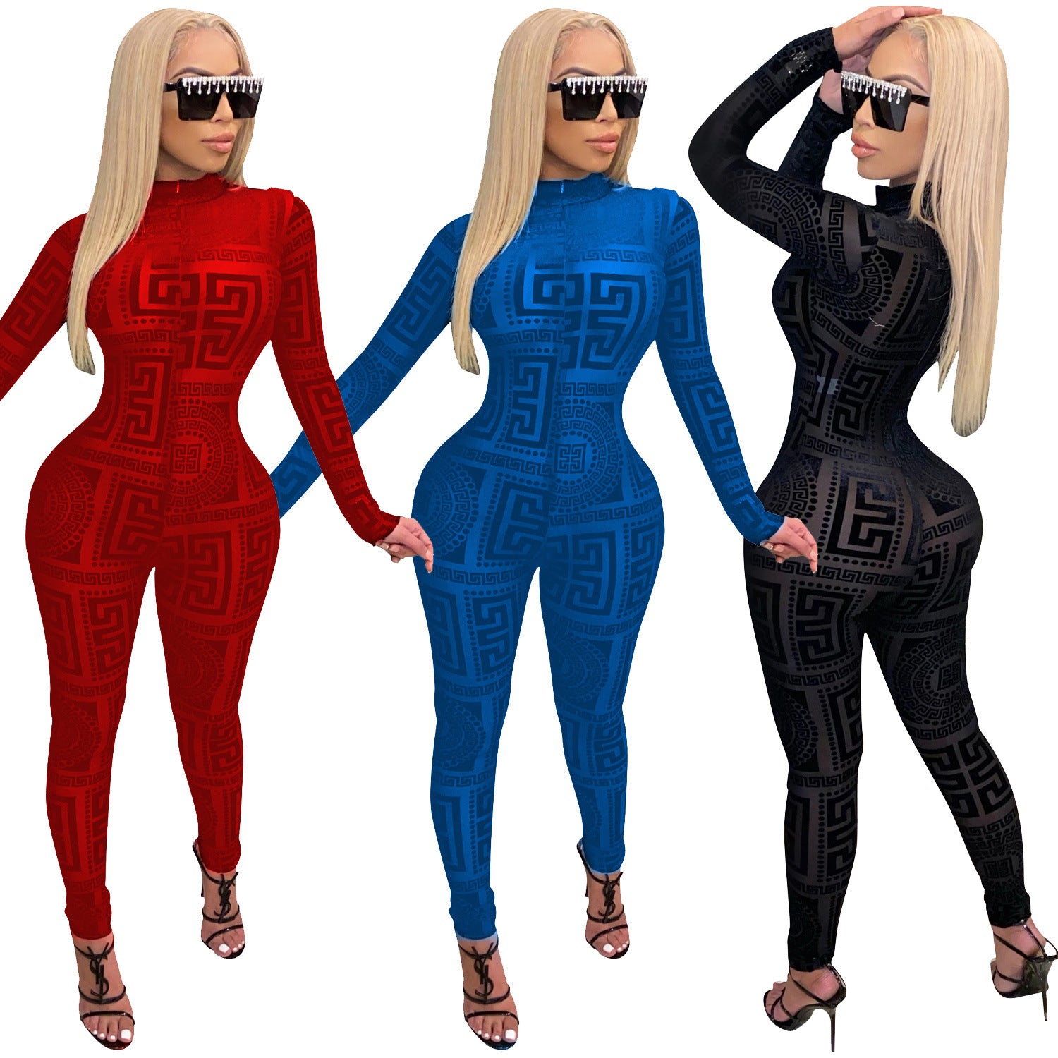 Women's Printed Mesh Long Sleeve Jumpsuit