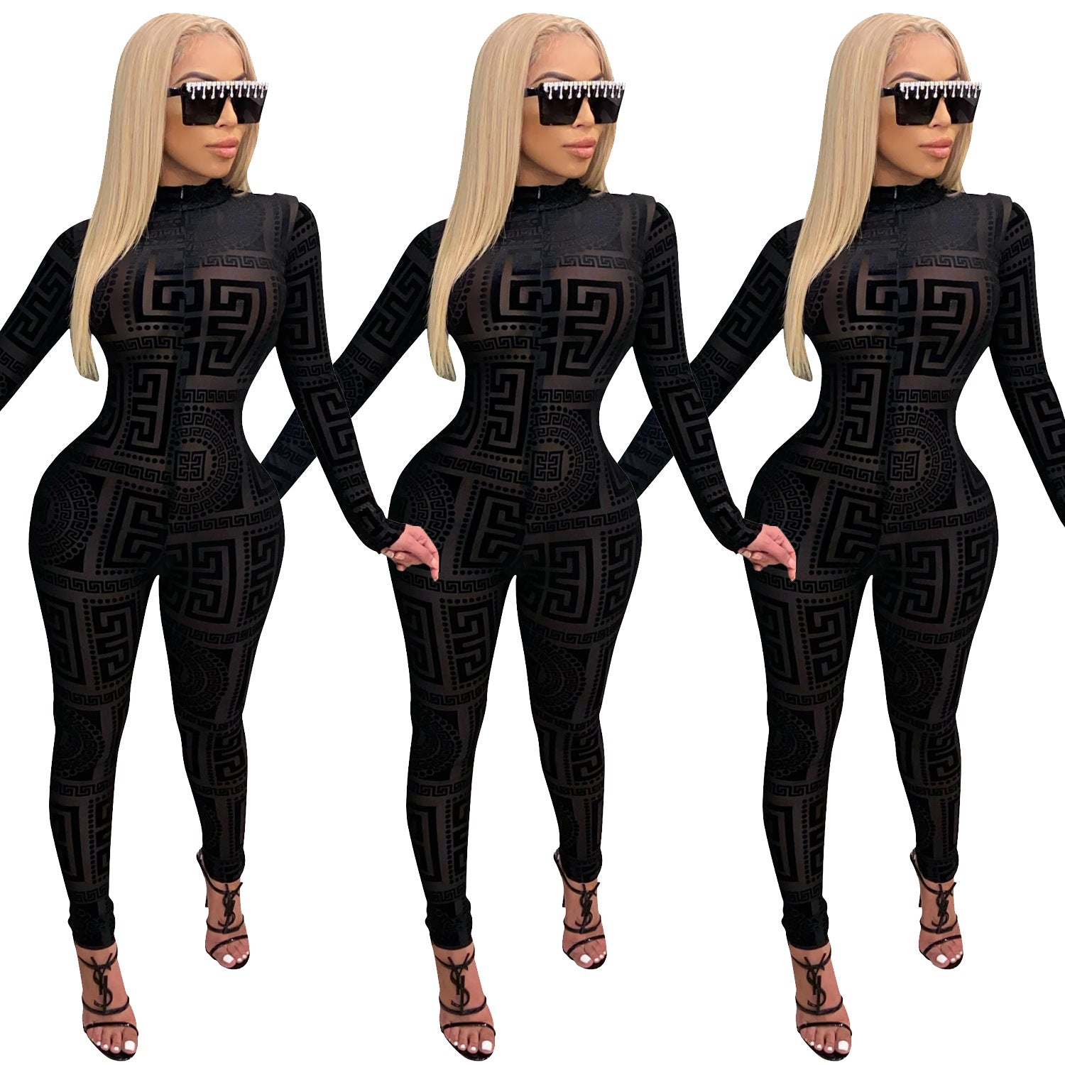 Women's Printed Mesh Long Sleeve Jumpsuit