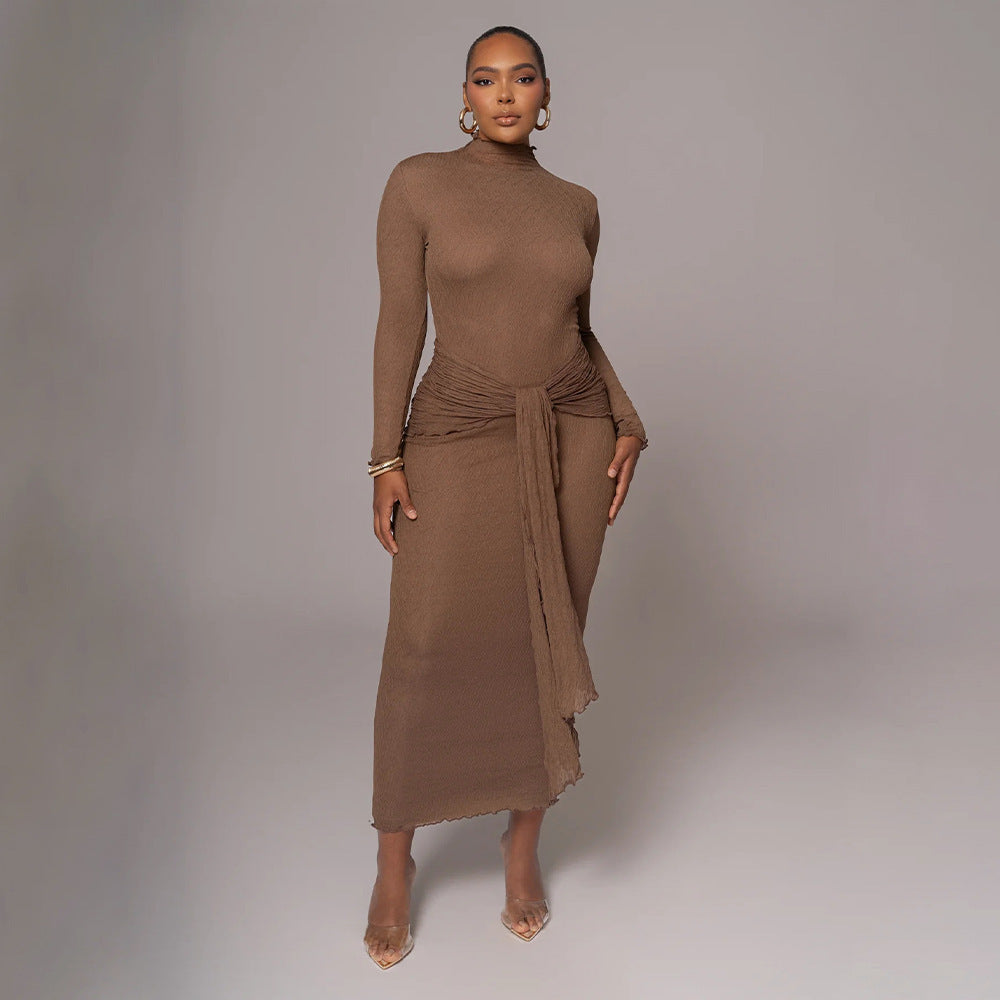 Long-Sleeve Solid-Color Fashionable and Sexy Pleated Fitted Long Dress