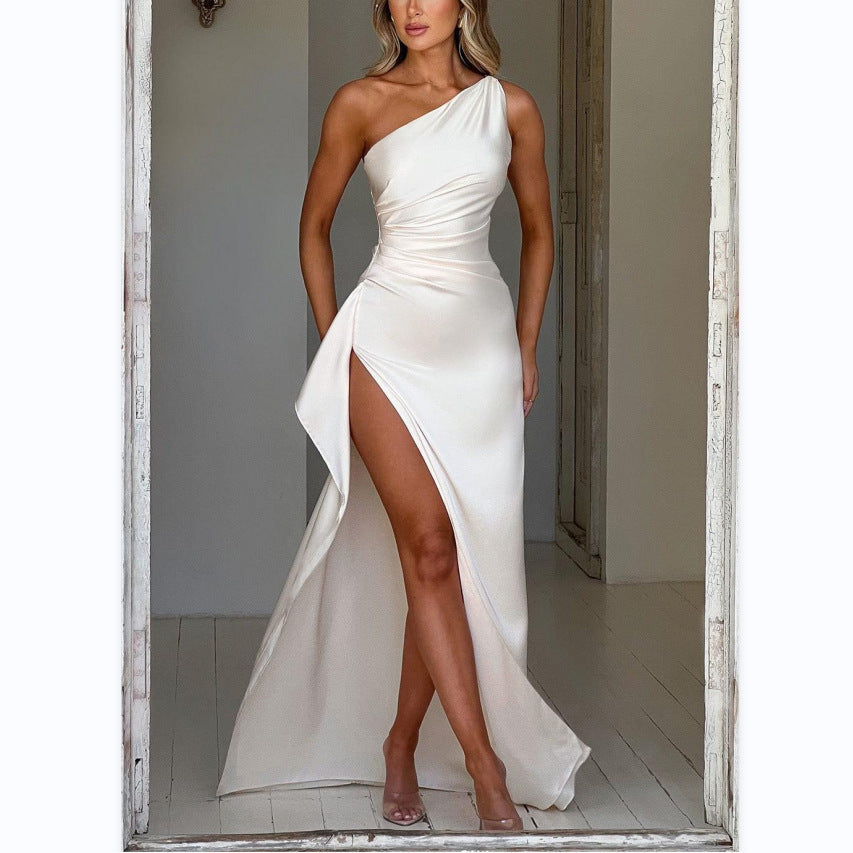 Slim-fit, off-shoulder, slit satin dress for women