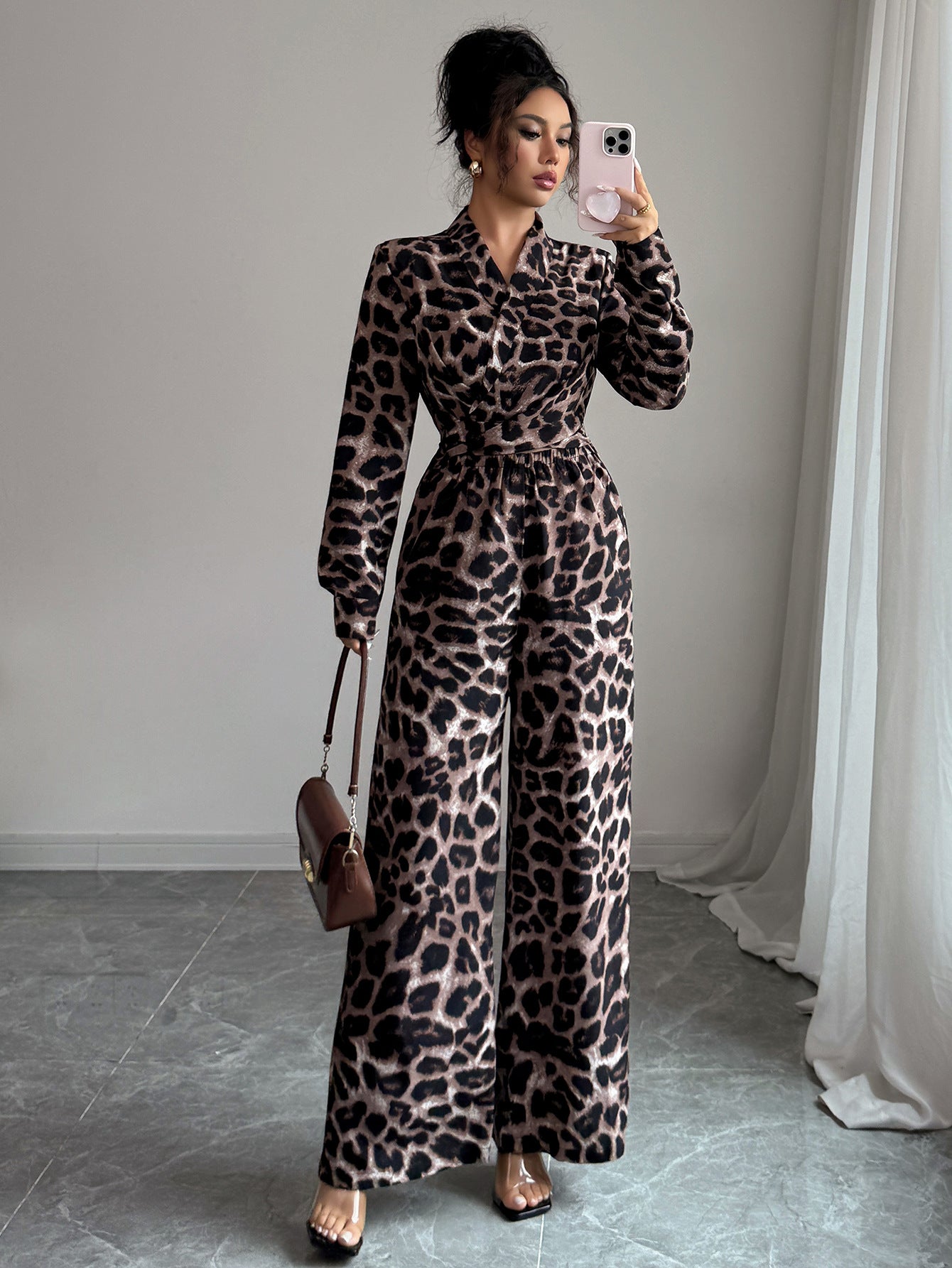 Elegant Leopard Print Wide-Leg Jumpsuit