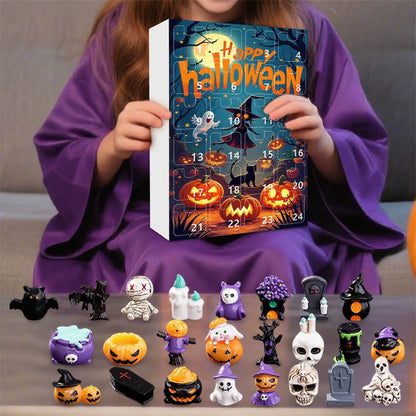 Spooky Halloween Countdown Calendar with Resin Pumpkin and Skull Figurines - 24 Days of Surprises in a Festive Present Box