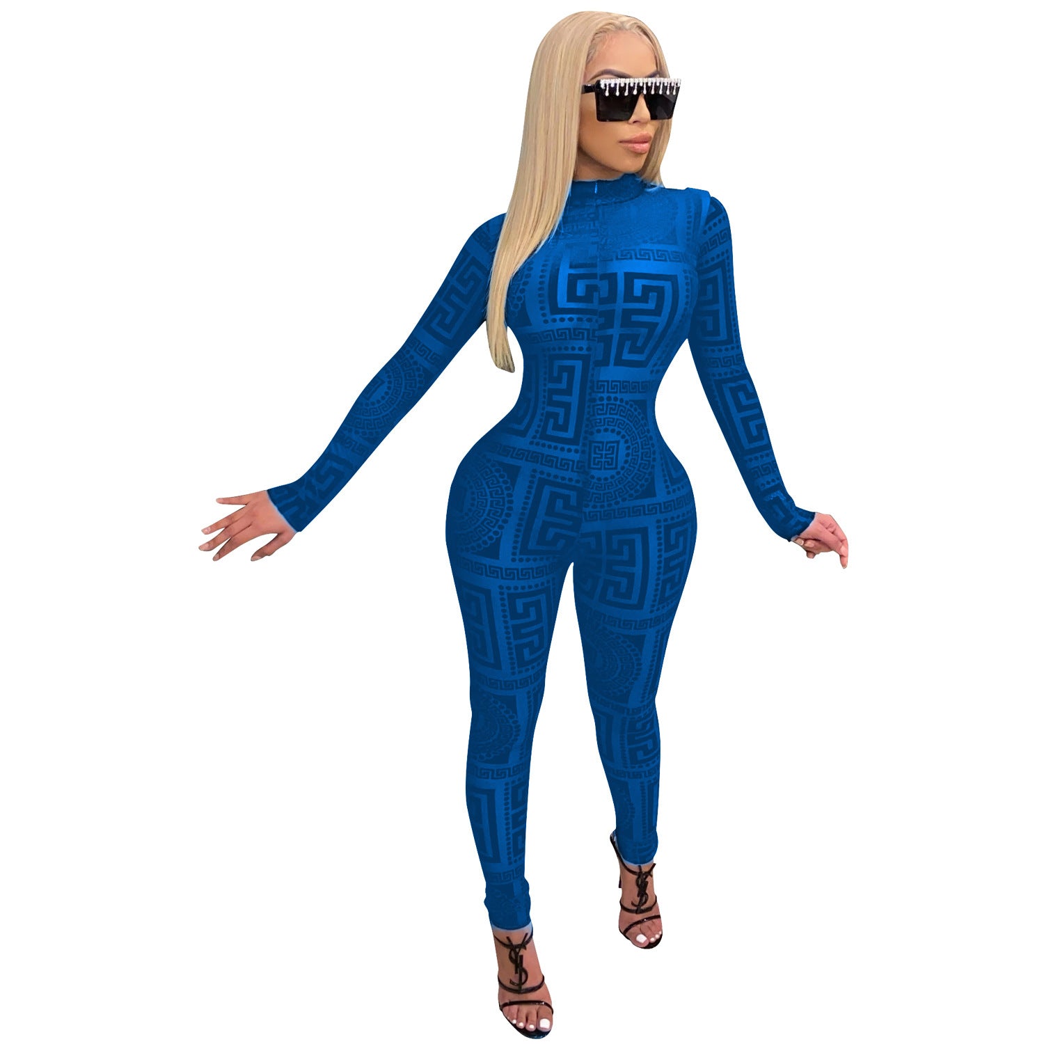 Women's Printed Mesh Long Sleeve Jumpsuit